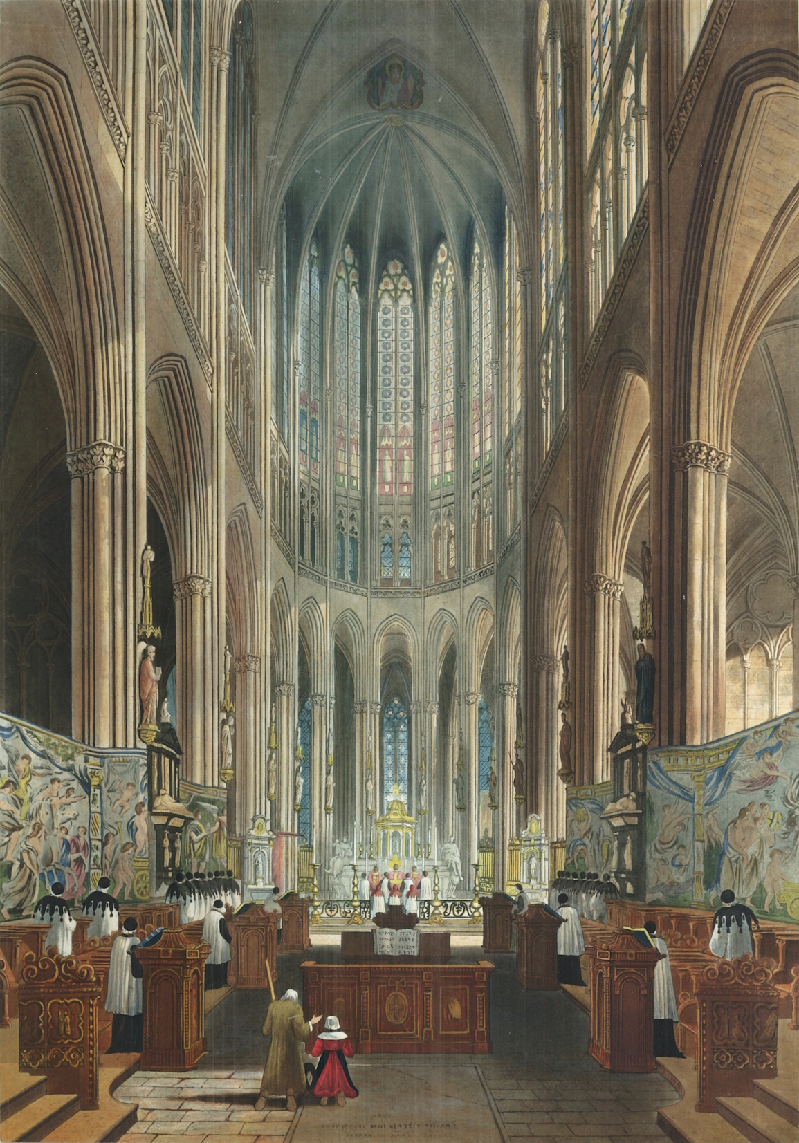 Innenansicht Chor [Ausschnitt], Farbaquatinta, um 1837 | Zeichnung: Charles Wild